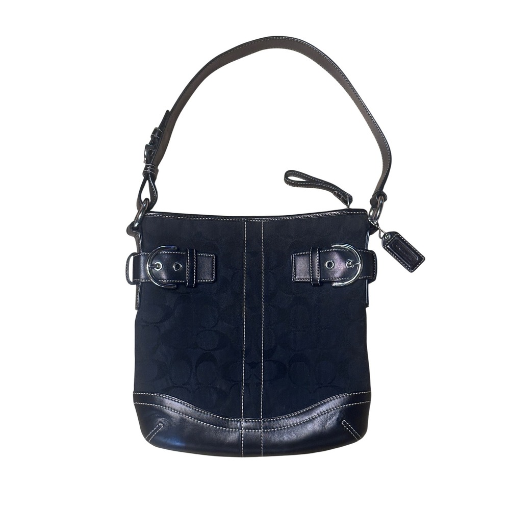 Coach Signature C Black Jacquard Leather Trim Shoulder Bag 3577 Buckle Hobo‎